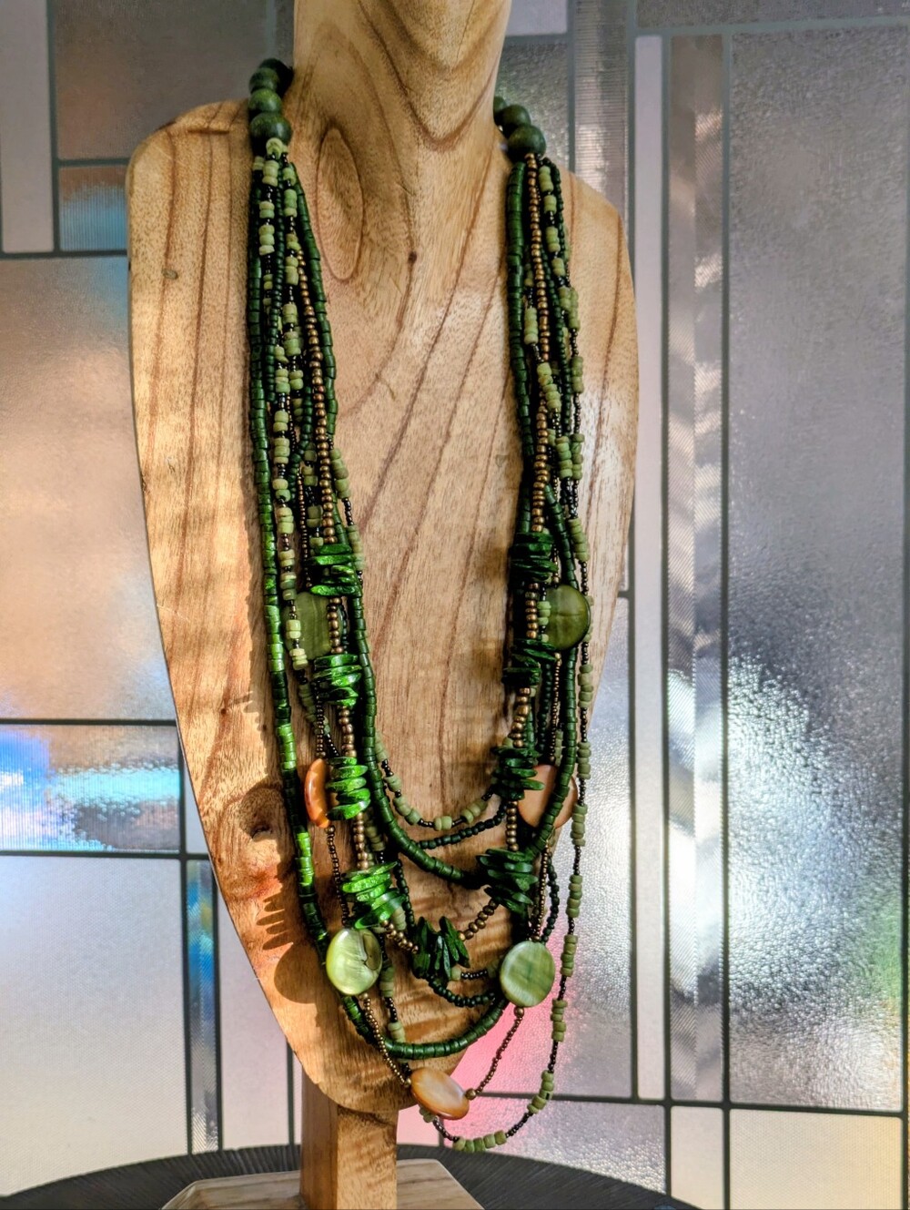 Long Green Multi Strand Beaded Necklace